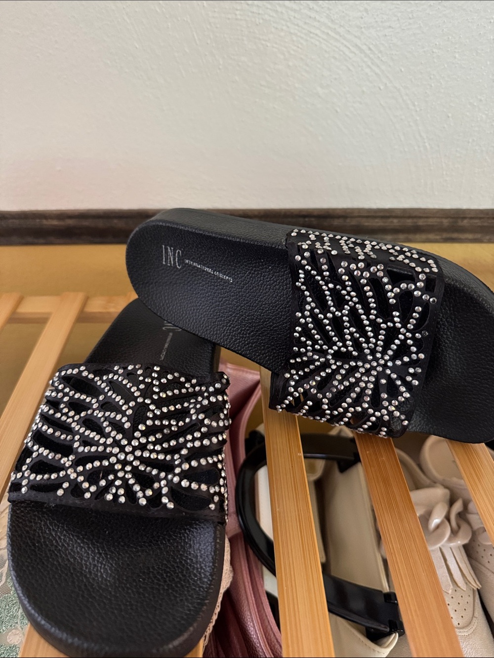 INC International Concepts Black Rhinestone Slide Sandals